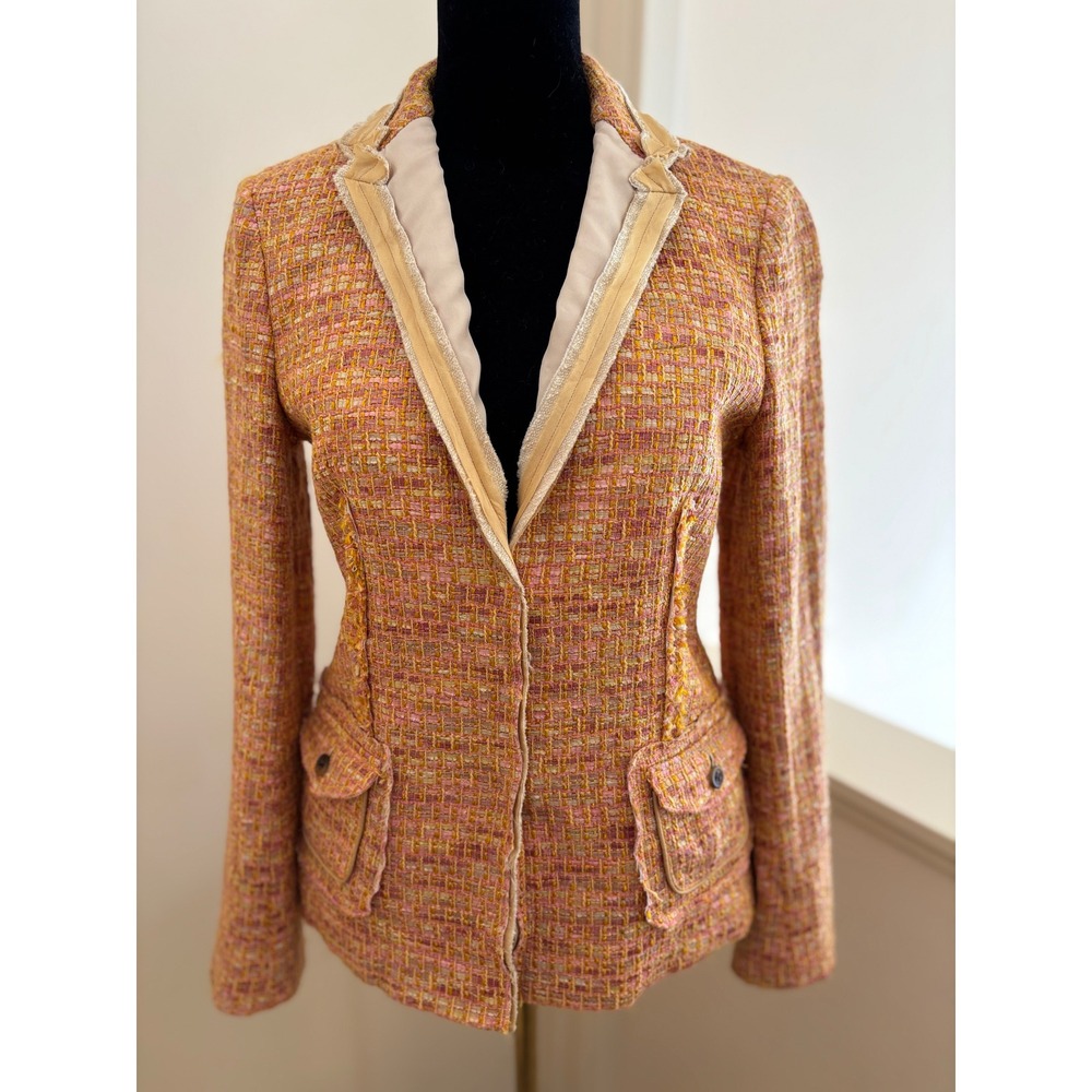 Chic Tweed Blazer Jacket Orange Pink Yellow Textured Designer Style